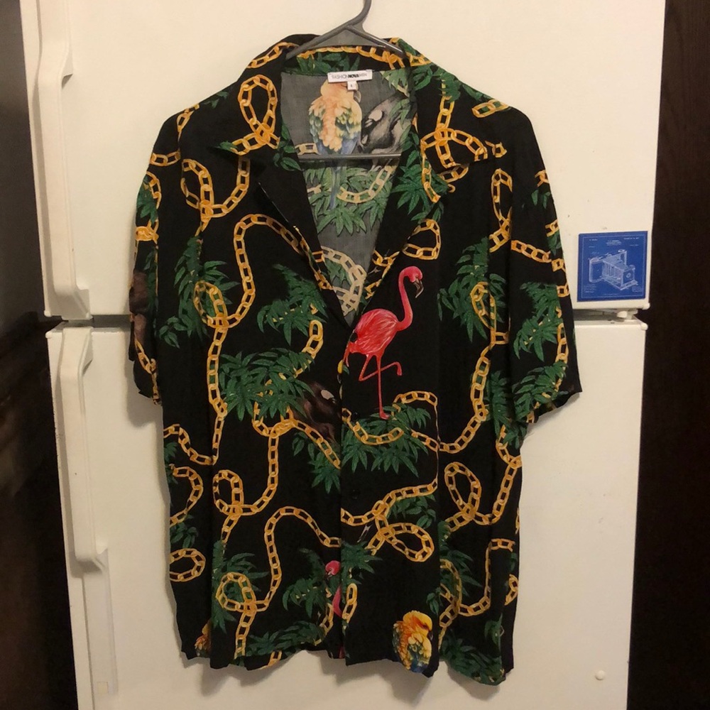 Button down- gold chain, jungle, flamingo design